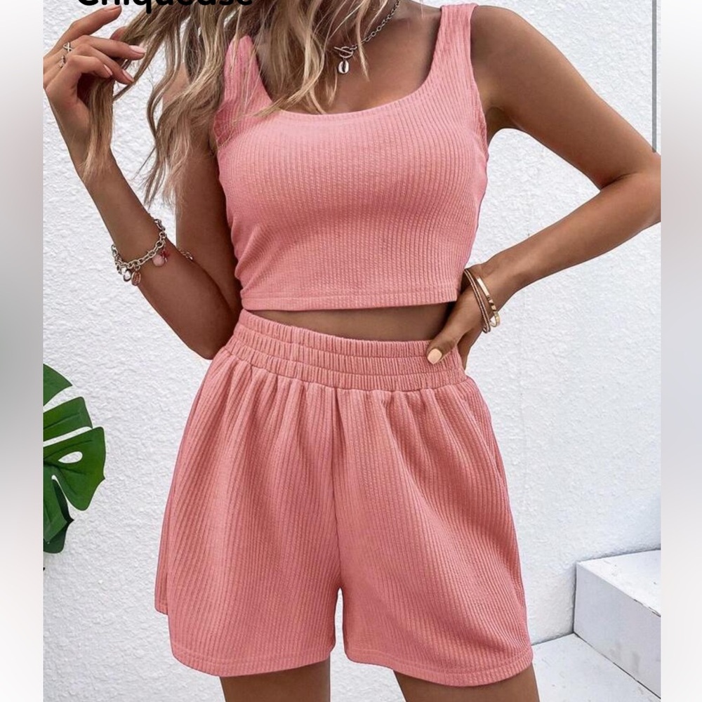 SHEIN Pink Ribbed High-Waist Lounge Shorts Set